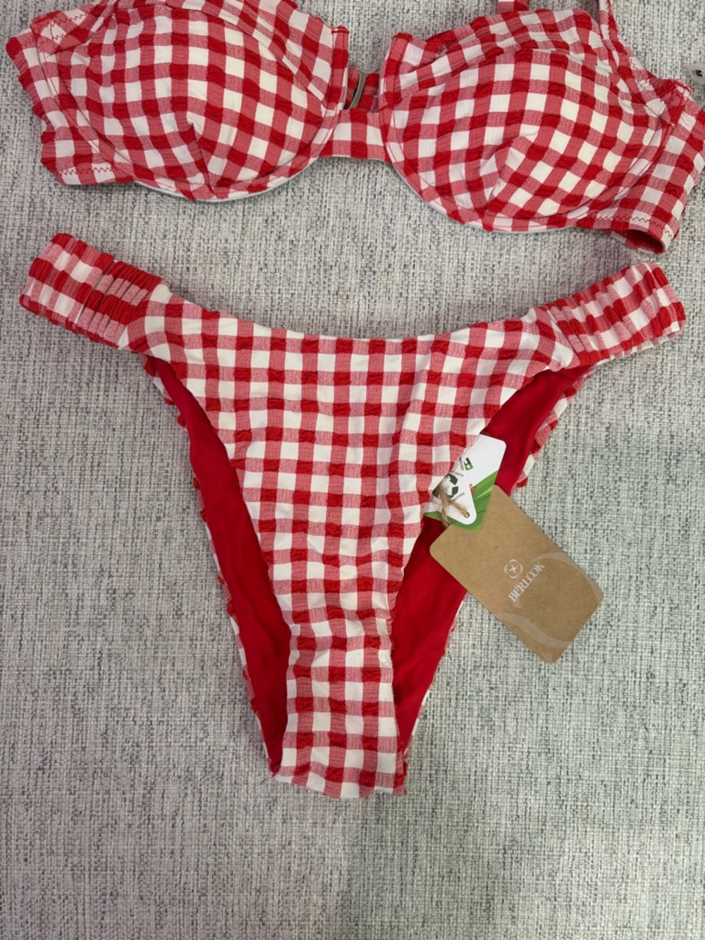 Red Gingham Underwire Bikini Top and High-Cut Bottoms - Picture 3 of 8
